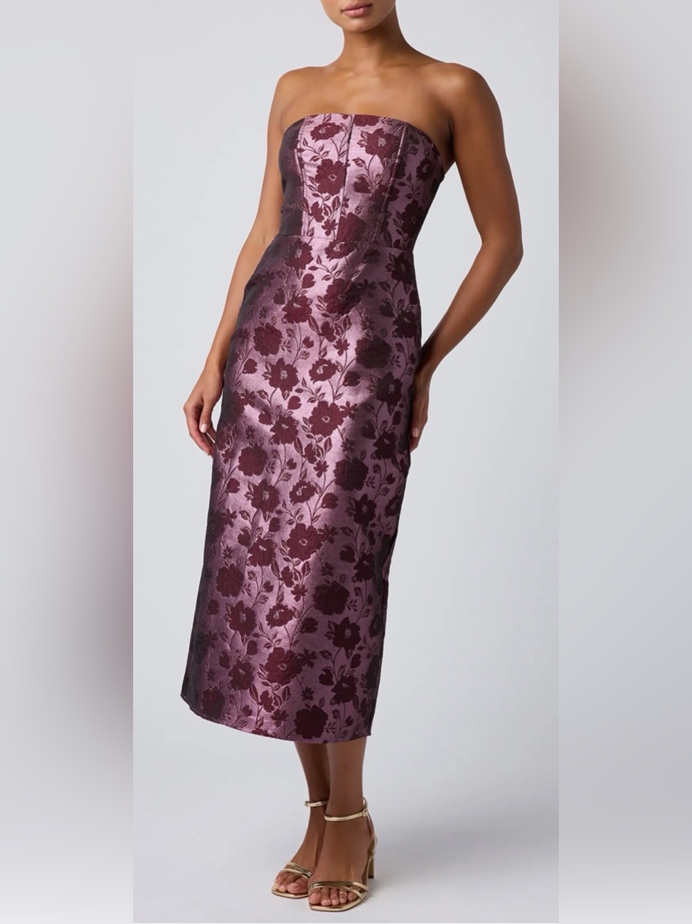 Lulu's Plum Strapless Floral Jacquard Midi Dress